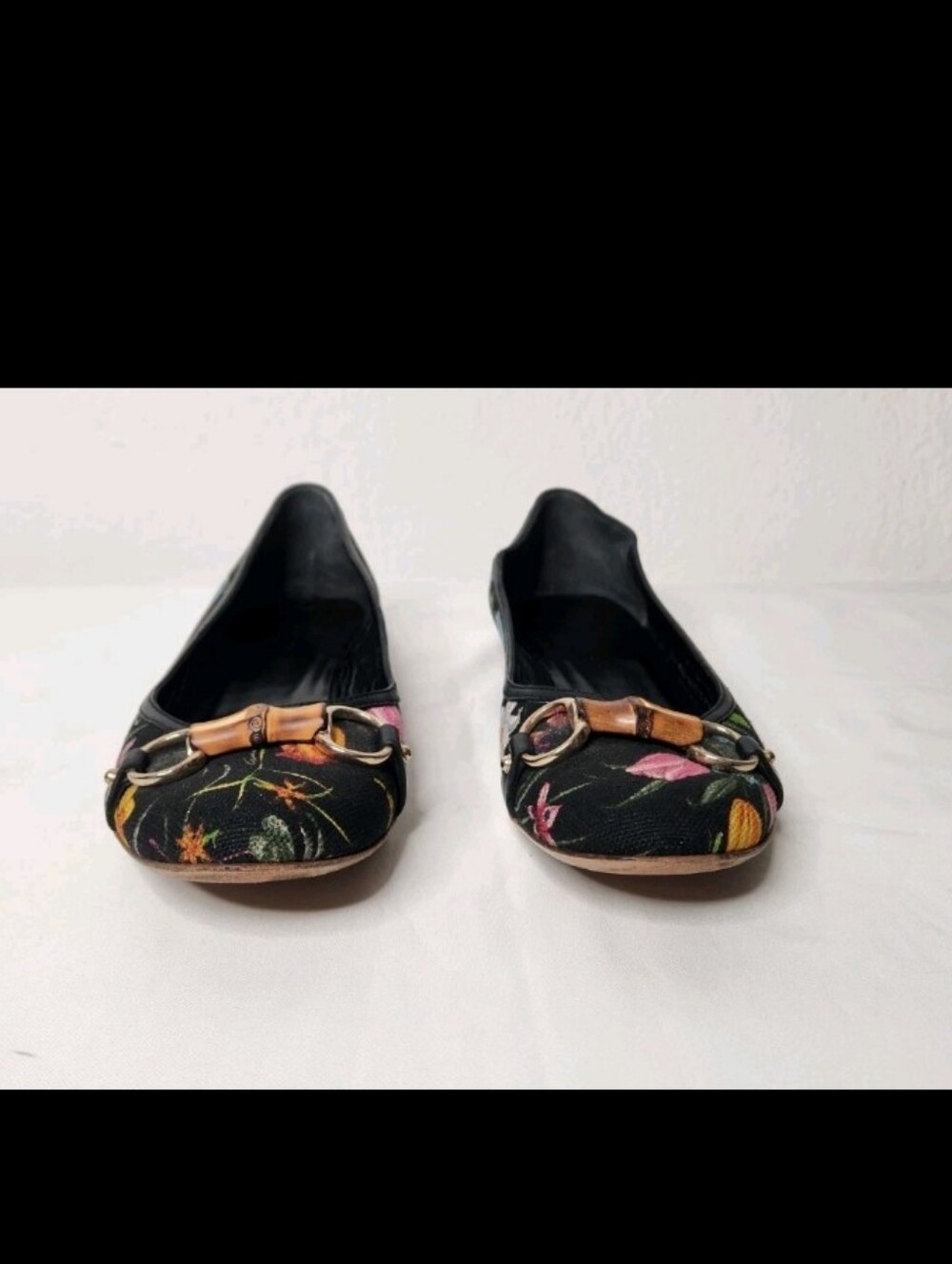 Gucci Floral Flats Horse-bit Leather Fabric Black Shoes Bamboo Detail Italy9.5 B - Picture 8 of 15